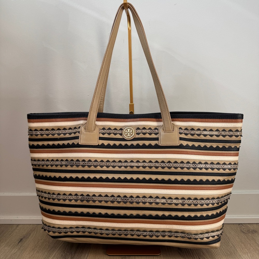 Tory Burch Kerrington Striped Zig Zag Snakeskin Leather Tote Bag Tan Black Multi